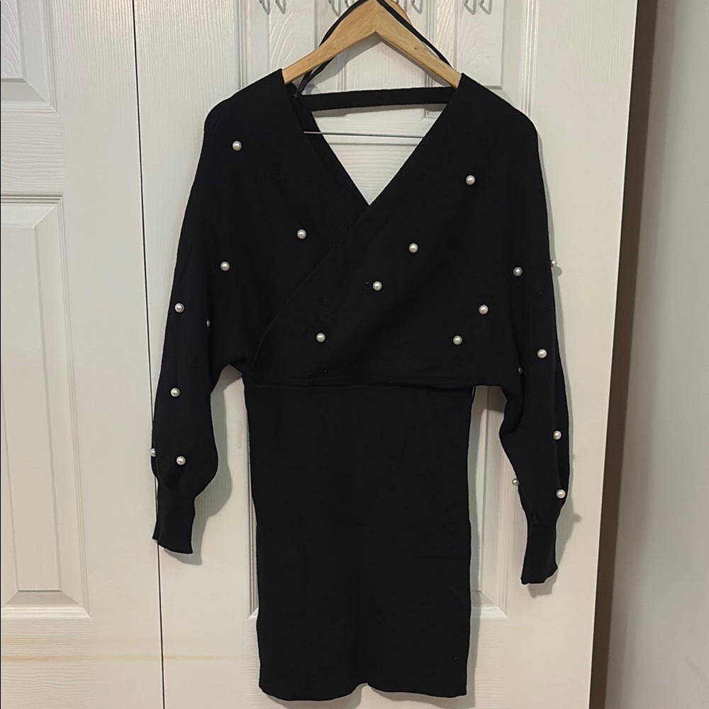 Fashion Nova Black Pearl-Embellished V-Neck Knit Dress